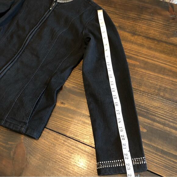 Chico’s Studded Denim Jacket Women’s Size Medium Black Stretch Zip Up Old Money - Picture 9 of 12